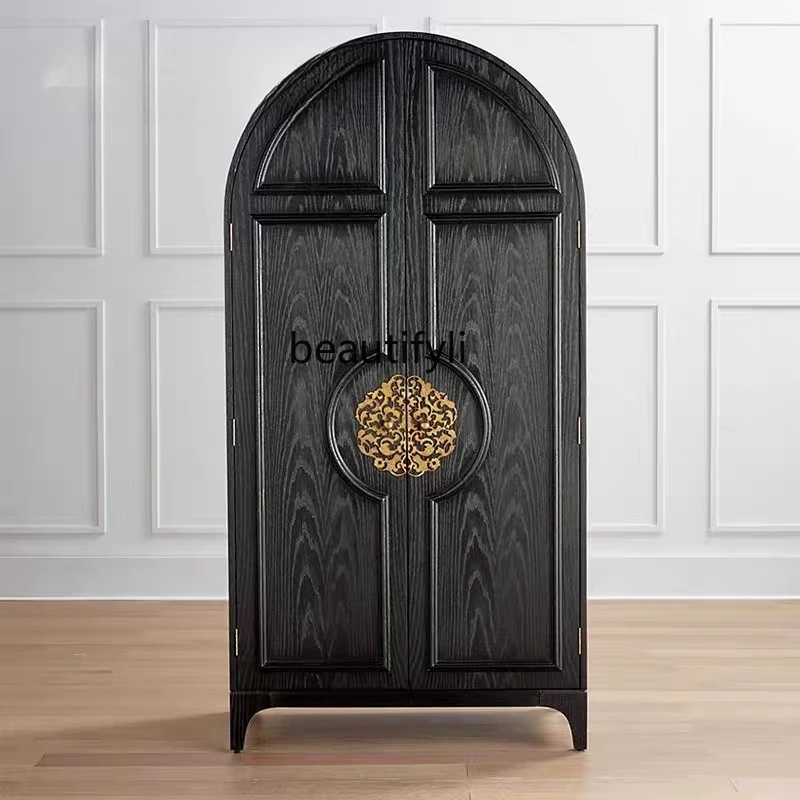 

French light luxury small apartment bedroom arched door integrated wardrobe American retro double door black solid wood