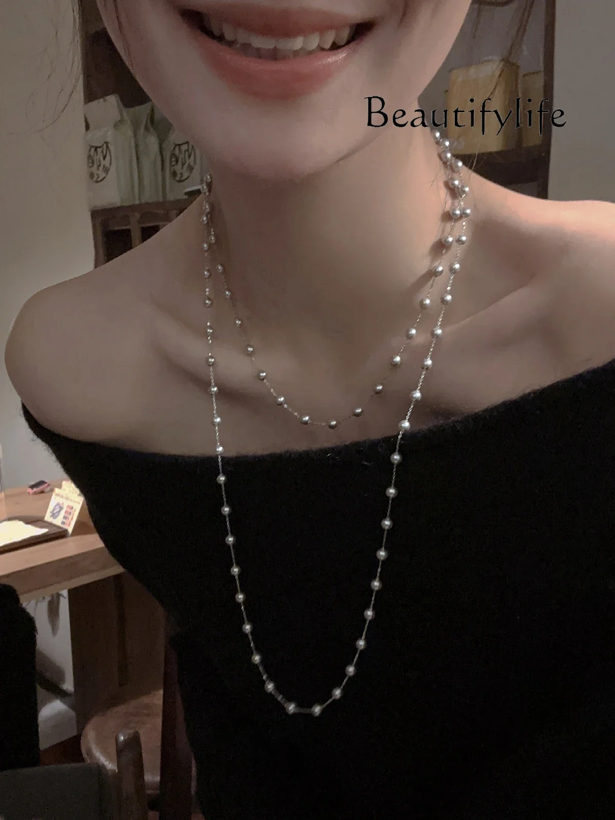 Gypsy high-end crystal pearl necklace, long S925 silver collarbone chain, exquisite temperament