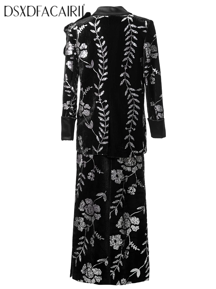 DSXDFACAIRIJ Women's Appliques Turn-Down Collar Double-Breasted coat+Long Skirt Velvet Sequins Embroidery Vintage Two-Piece Set