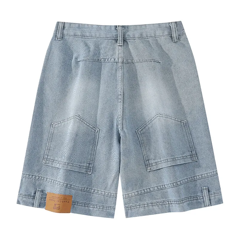 Vintage Wash Denim Shorts Men's  Fashionable Casual Pocket Shorts Classic High Waist Mid-calf Pants