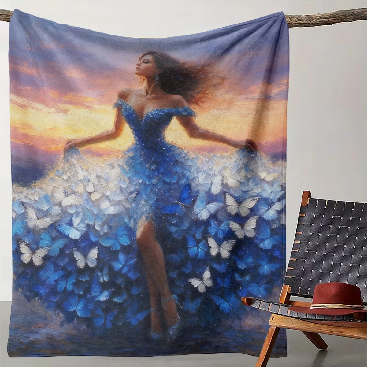 

1 Piece of Blue Butterfly Skirt Sunset Oil Painting Girl Blanket Romantic Art Bedroom Sofa Decorative Blanket