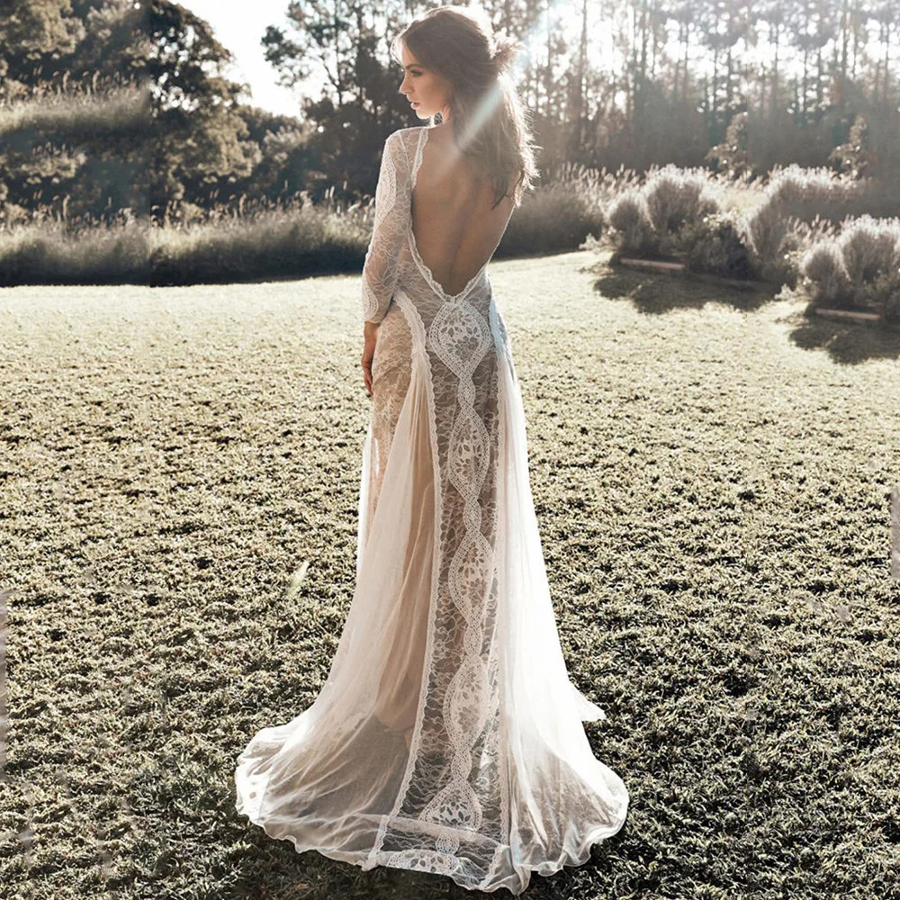 

2025 Spring New Women's Dress Celebrity Banquet Wedding Dress Round Neck Long Sleeve Printed Open Back Lace Dress