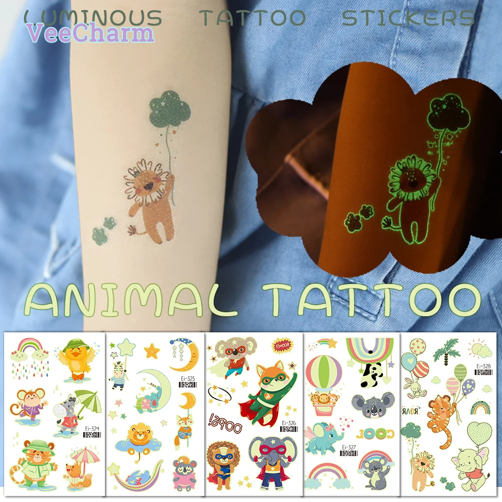 VeeCharm - Zoo theme Animals Glow Temporary Tattoos for Kids, Cartoon Luminous Tattoo Birthday Party Supplies, Gifts, 1/12 Sheet