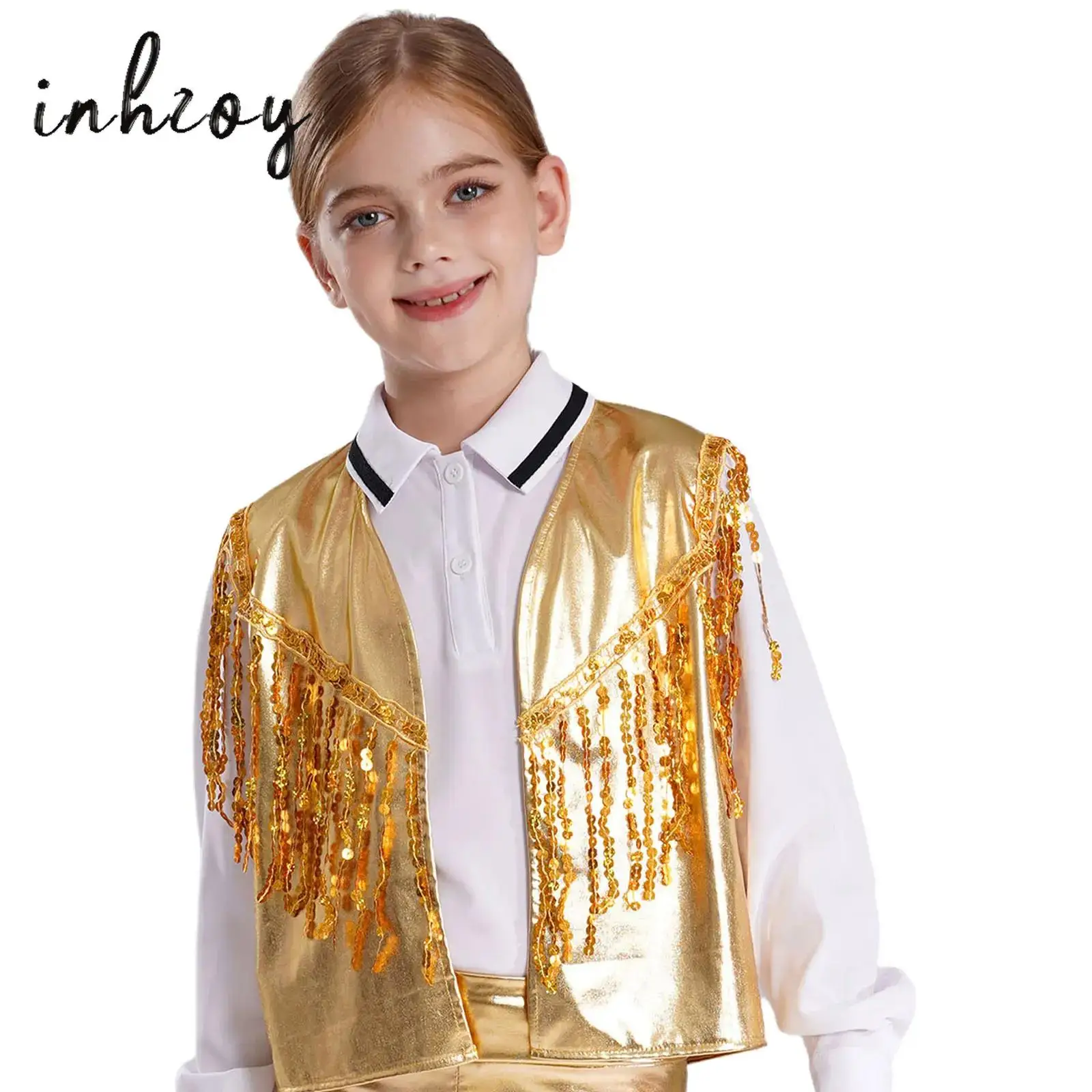 

Kids Boys Girls Jazz Latin Chacha Dance Disco Stage Performance Waistcoat Sparkling Sequin Tassel Vest Waistcoat Dance Wear