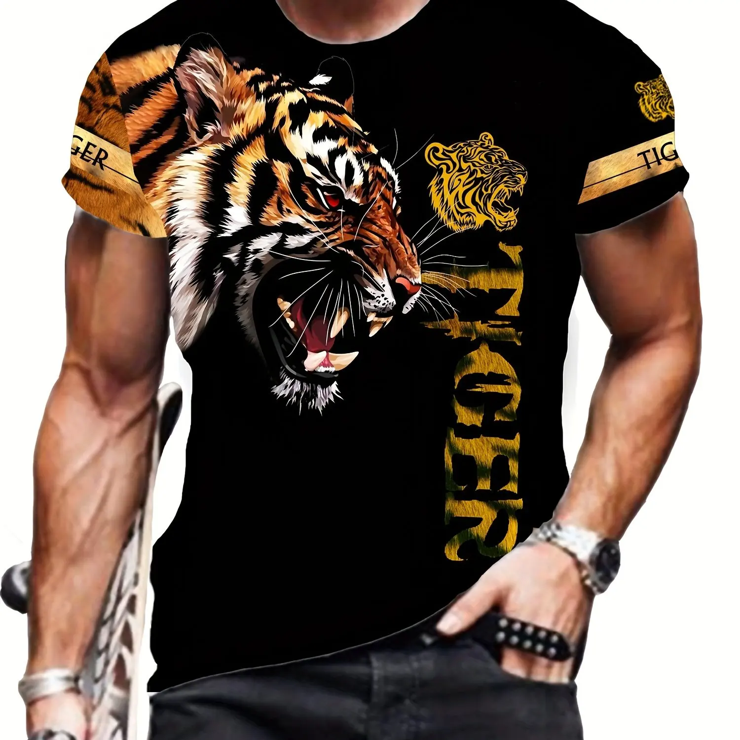Men's 3D Fierce Tiger Graphic Tee - Comfortable Polyester Blend, Short Sleeve, Round Neck, Machine Washable