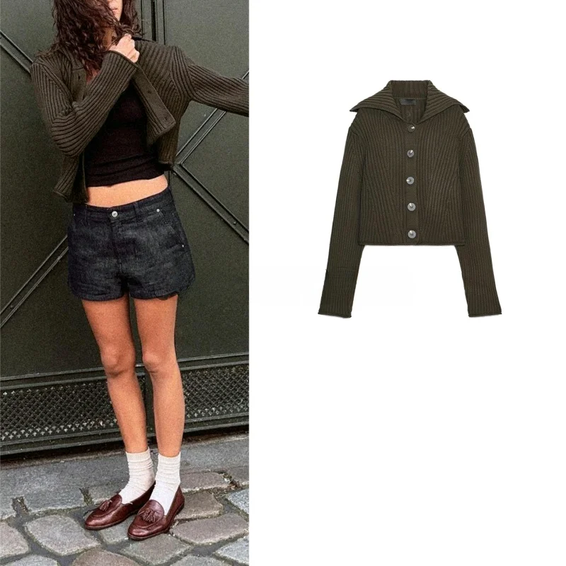 

Autumn New Women's Knitted Long Sve Coat Buttoned Flip-Cover Collar Ribbed Polyester Fiber Open Cardigan Design Sense