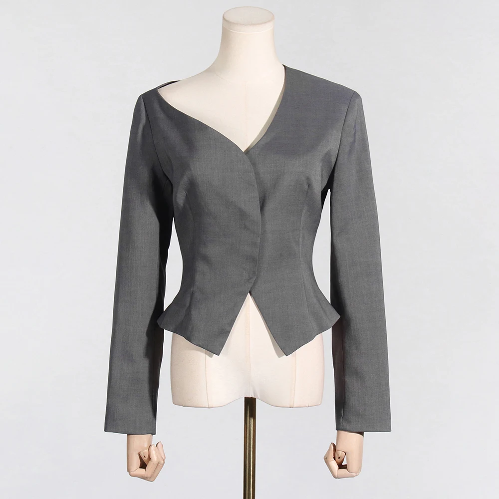 VGH Irregular Solid Patchwork Hidden Breasted Casual Blazer For Women Diagonal Collar Long Sleeve Minimalist Slim Blazers Female