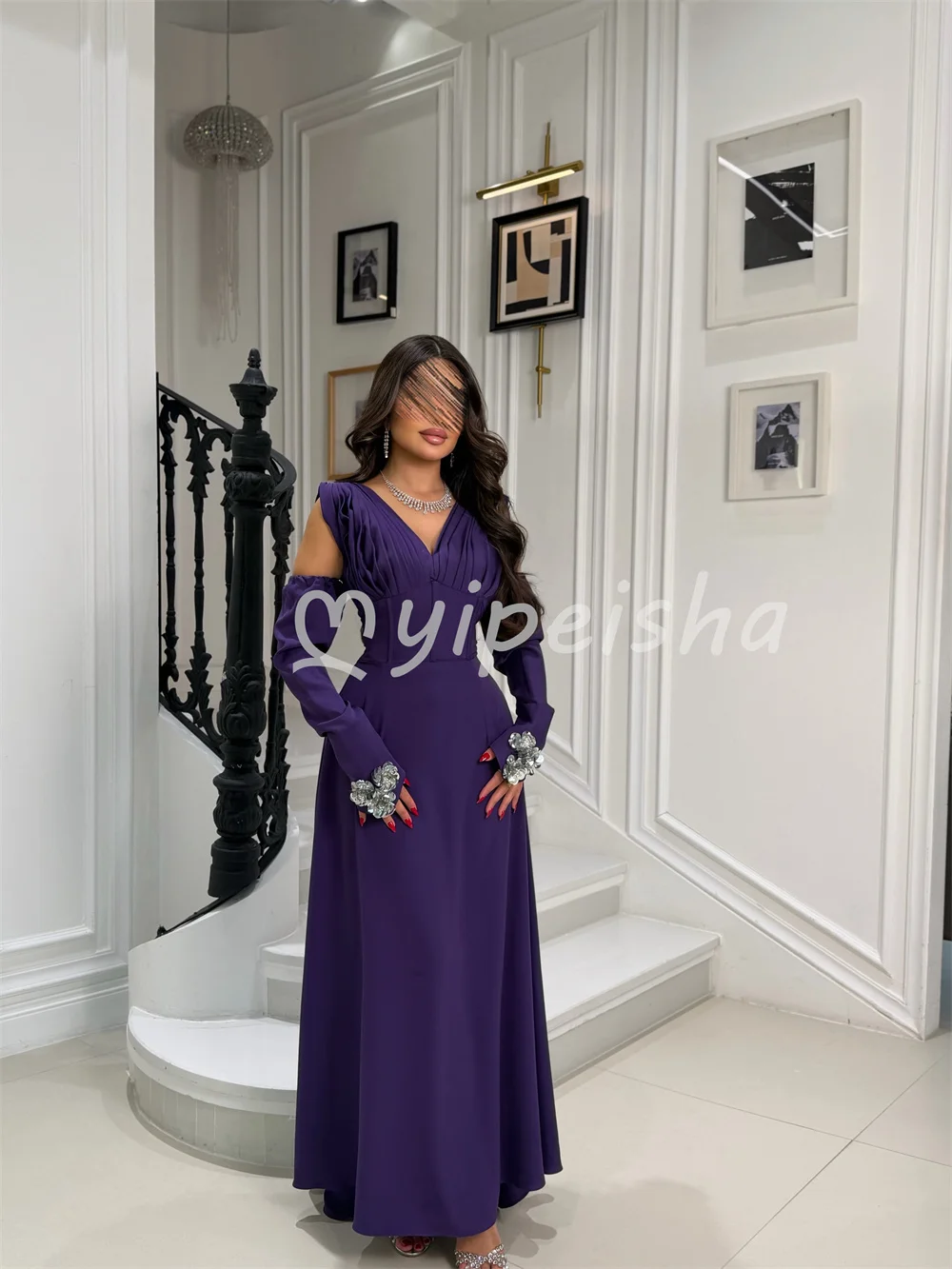 Matching Modest Purple Jersey Handmade Flower Sequined A-line V-neck Floor-Length Evening Dresses Women's Party Gowns Customized