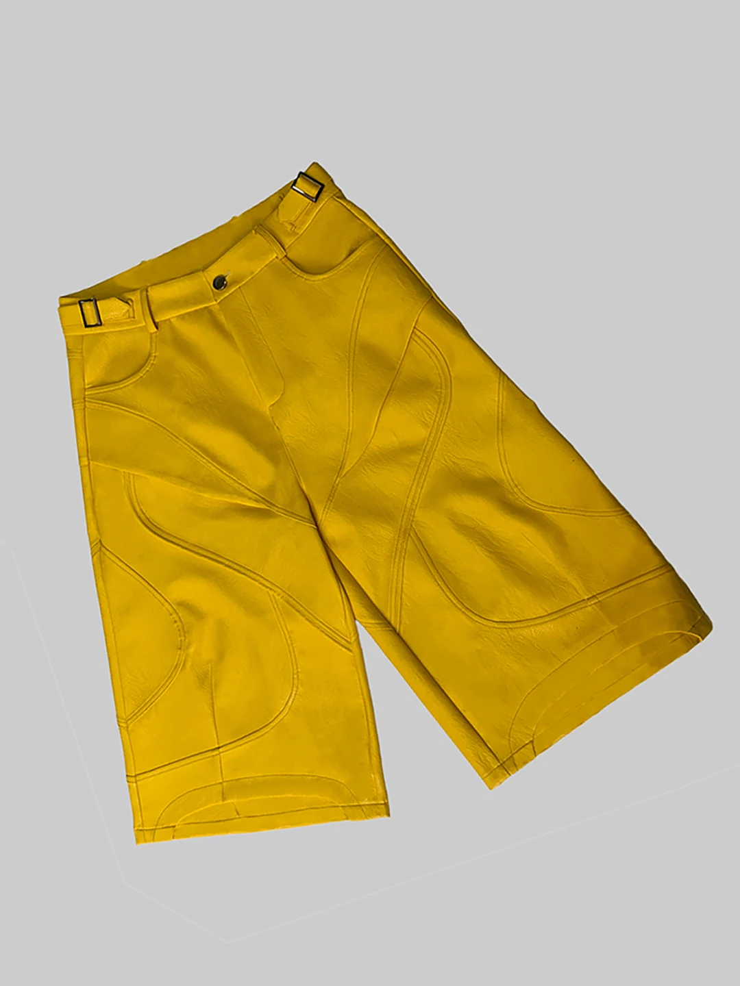 Trendy American Style Men's Short Pants PU Leather Yellow Seven-Footers Straight Leg Waterproof Design for Spring Summer