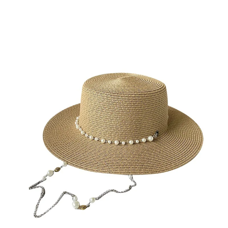 الفرنسية خمر اللؤلؤ سلسلة القش قارب قبعة المرأة الصيف واسعة حافة الأشعة فوق البنفسجية حماية أنيقة الشمس قناع قابل للتعديل