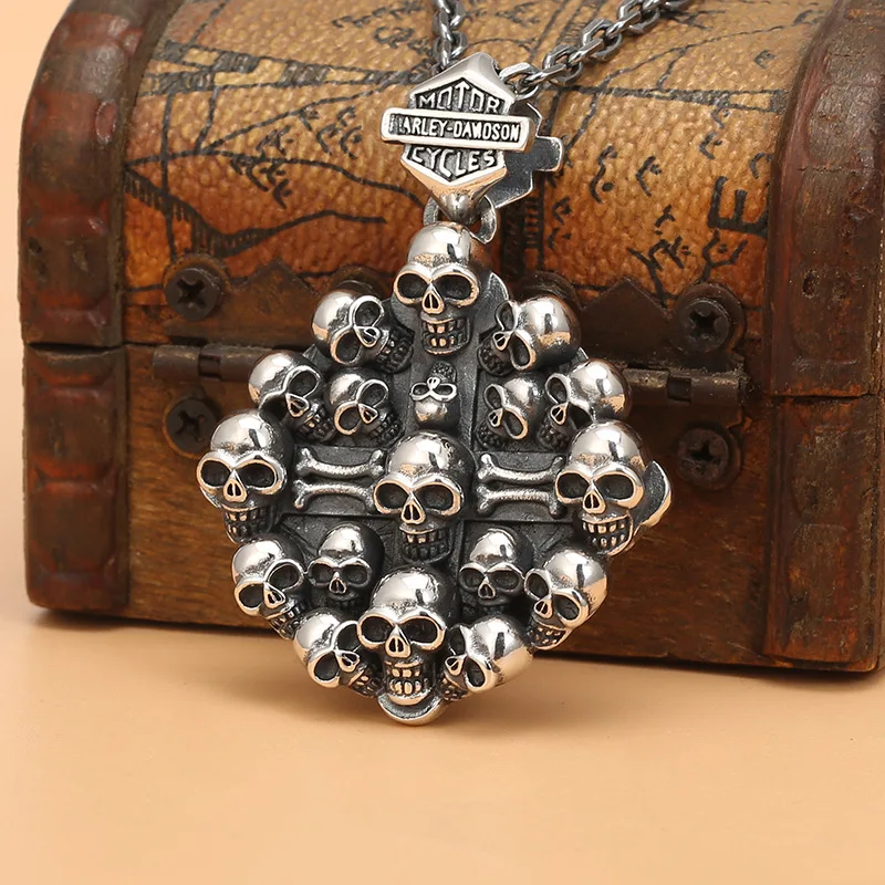 

S925 sterling silver skull head accessories menstylishretro punk style grids pendant thai silver domineering pendant