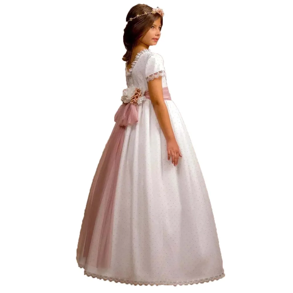 

Платье для первого причастия с кружевными краями и тюлевой лентой, трапециевидное платье принцессы с цветочным узором для девочек на свадьбу, детское платье на день рождения по индивидуальному заказу