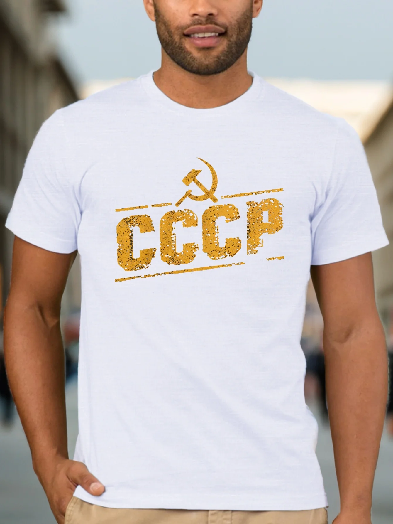 

Мужская футболка с рисунком «Молоток и серп» королевского синего цвета — повседневная летняя футболка из полиэстера со смелым геометрическим дизайном, можно стирать в машине, C