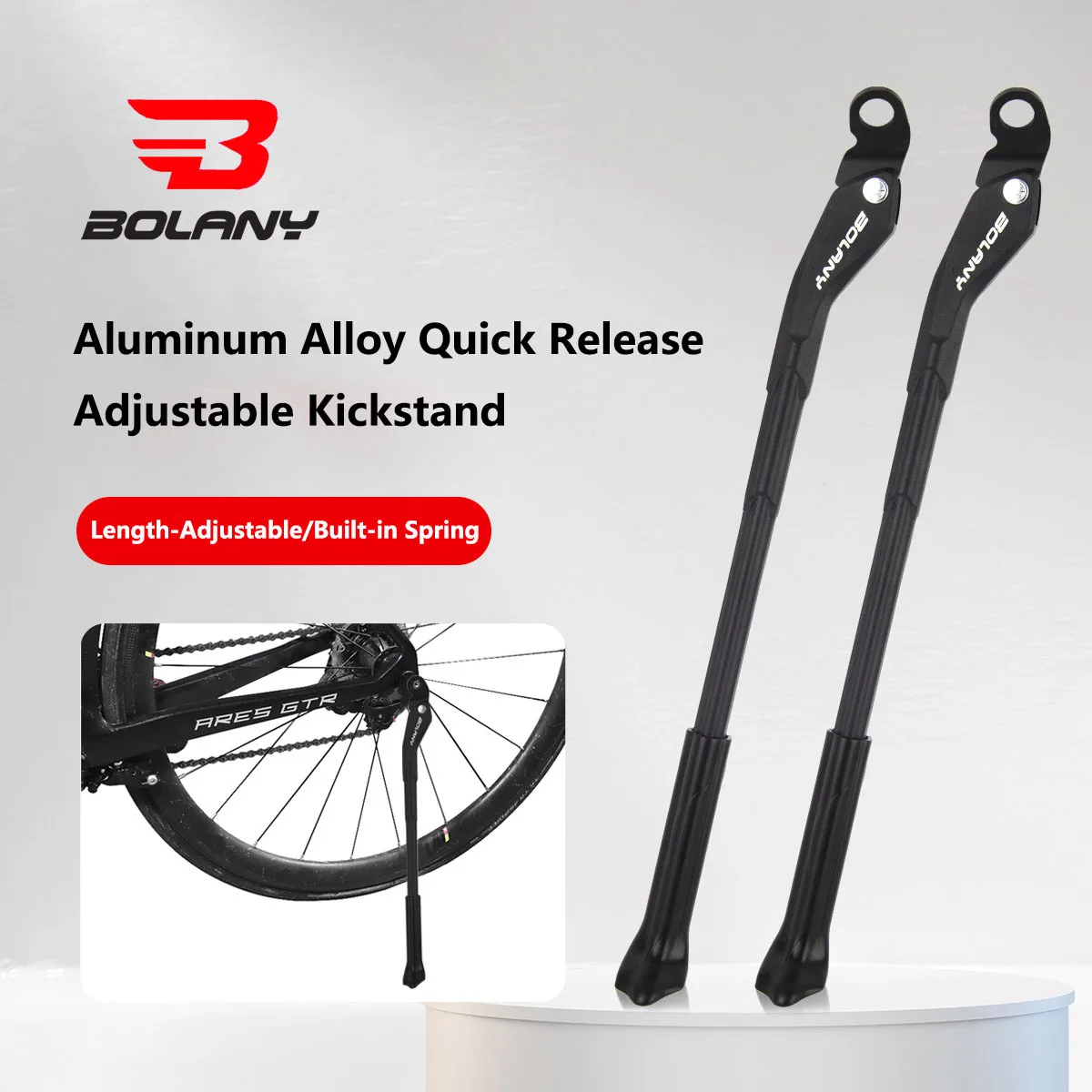 BOLANY Aluminum Alloy Bike Kickstand, Quick-Release & Thru Axle Supported, Adjustable Side Stand, Parking Rack Accessory