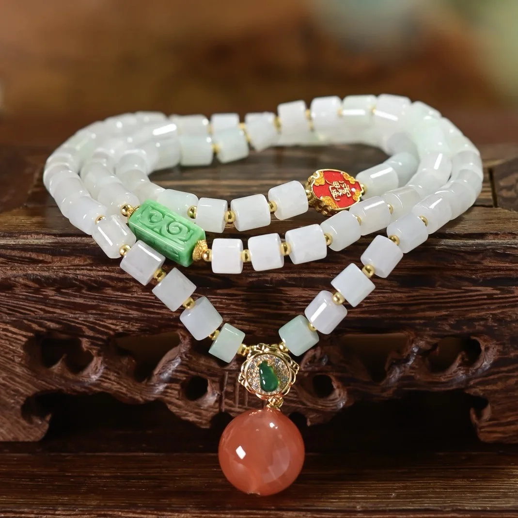 Natural Grade A Jade Bamboo Bead Triple-Loop Bracelet with Silver Gold Plated & Red Agate Pendant