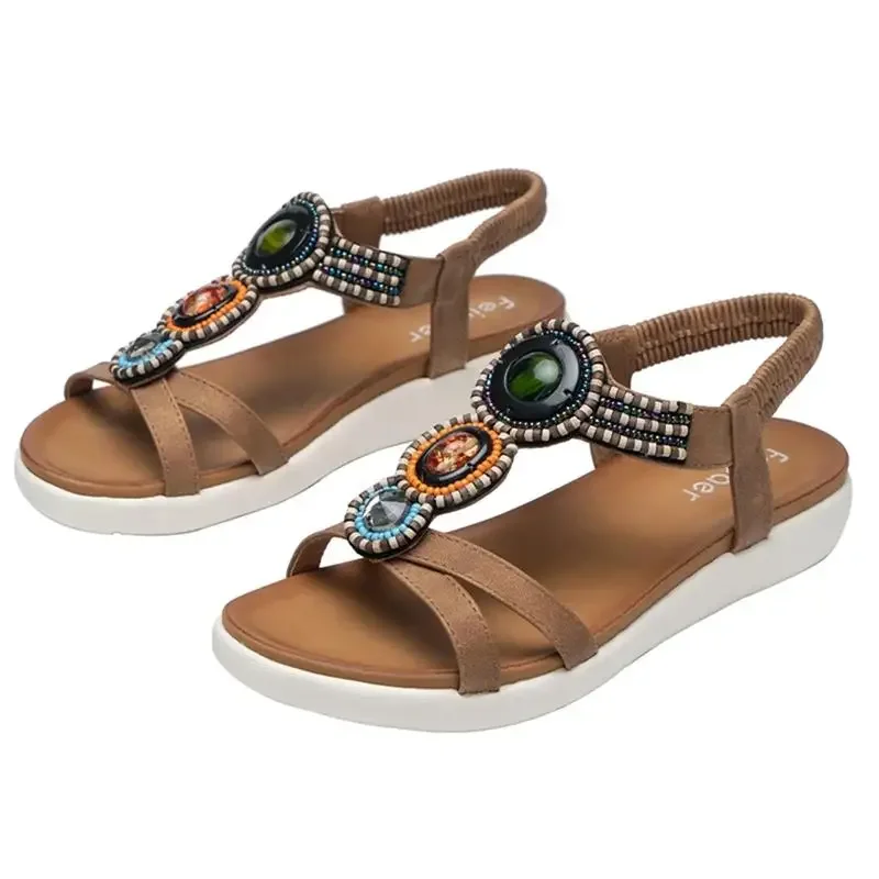 summer new woman sandals Bohemia beaded soft bottom leisure large size women shoes fashion flat sandals 39 40 41 42