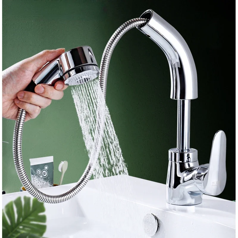 Black Basin Faucet Pull-Out Spray Hot and Cold Mixer Tap Adjustable Rotation Ideal for Modern Bathrooms