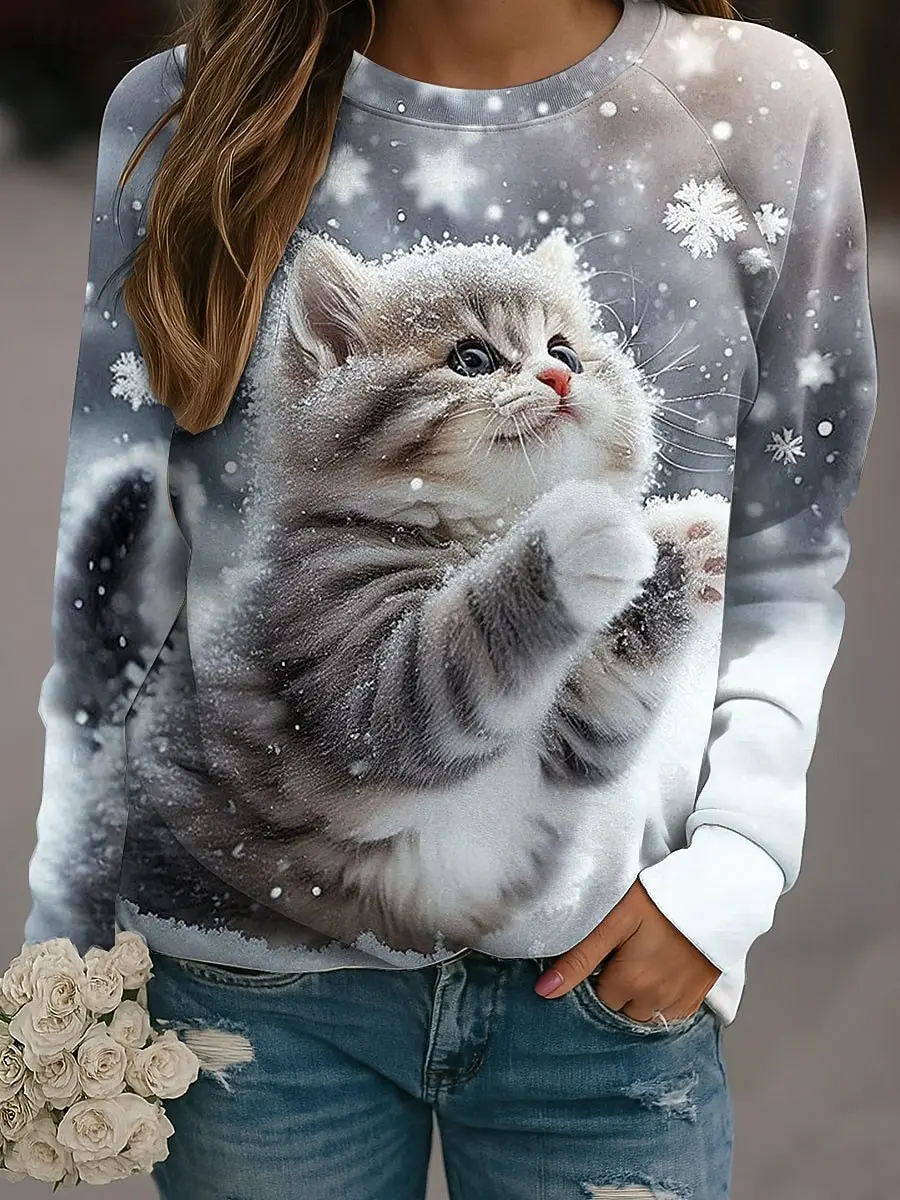 Herfst Leuke Kat Grafische Sweatshirts Dier 3D Print Vrouwen Raglan Lange Mouwen Hoodie Y2k Trui Harajuku Tops Vrouwelijke Kleding