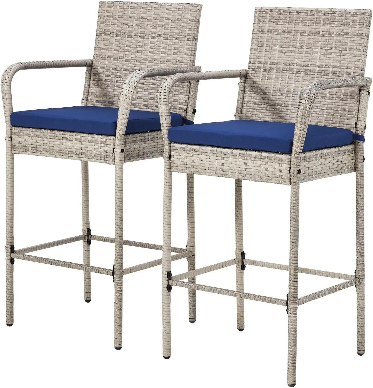 

Patio Wicker Barstools Set Of 2, Outdoor Rattan Bar Height Chairs With Armrest & Backrest, Soft Cushion, Footrests, All-Weather
