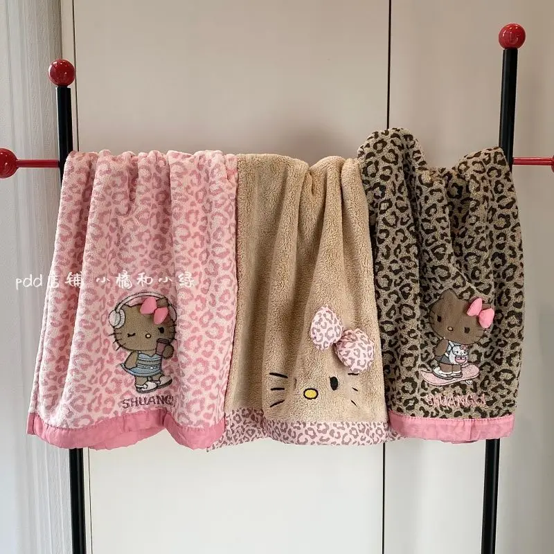 

Kawaii Sanrios HelloKitty Leopard Print Face Towel Thick Coral Fleece Quick Dry Absorbent Couple Cute Anime Cartoon Holiday Gift