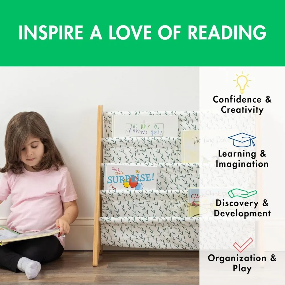 Estante infantil de 4 camadas com bolsos profundos de tecido – Organizador de livros de berçário que economiza espaço para crianças e crianças