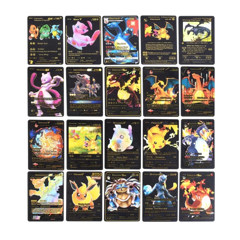 55PCS Pokemon Cards Table Game English Spanish French German Pikachu Deck Box Gold Silver Black Pokemon Cards\' Album Kids Toys