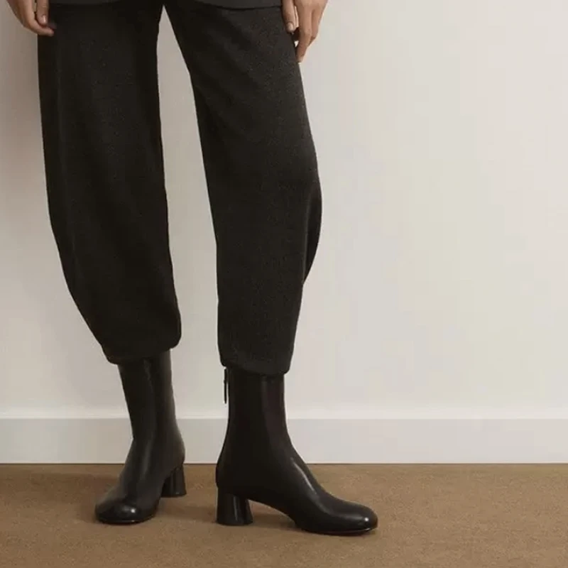 Women's Real Leather Ankle Boots with Round Heel - Winter Dress Shoes