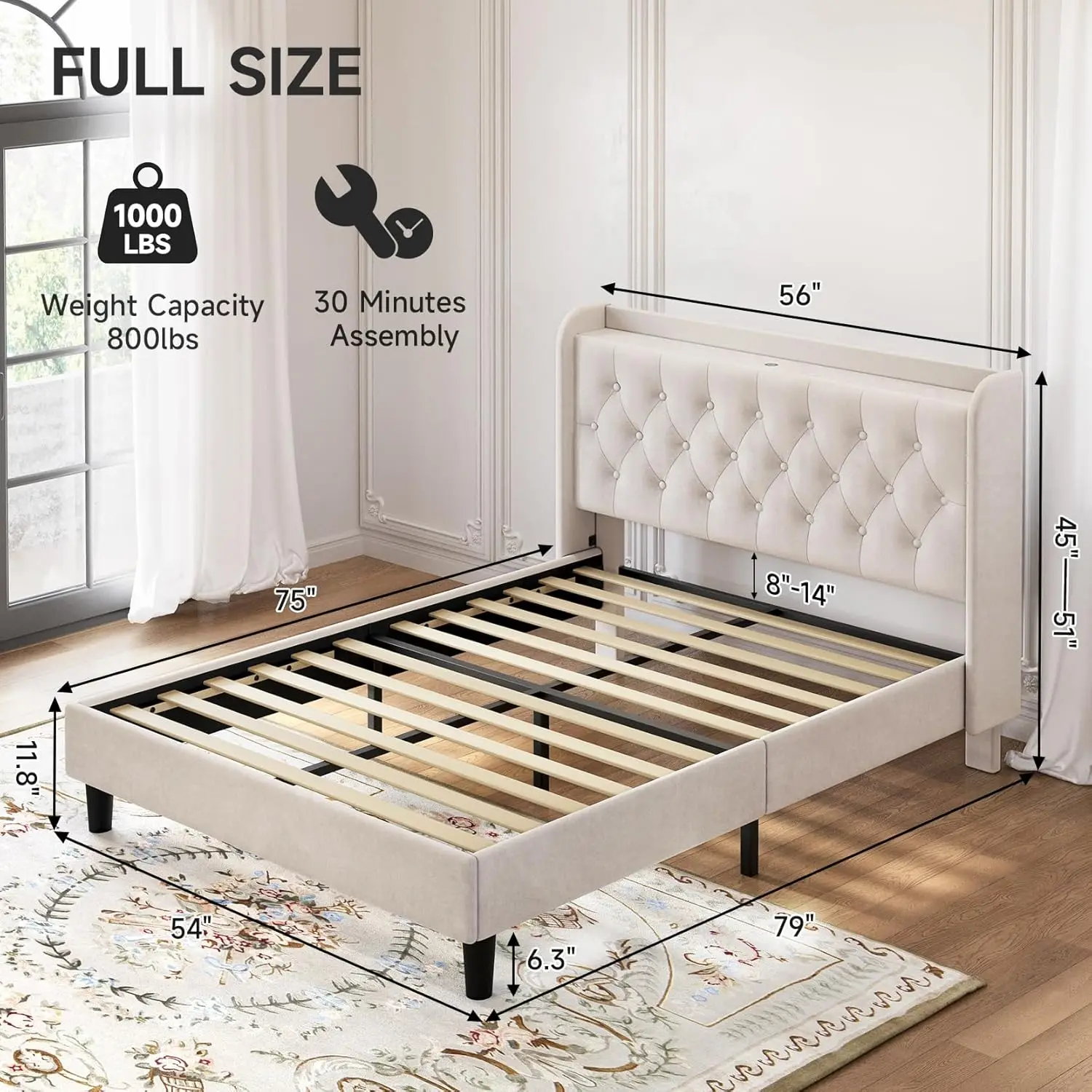 Full Bed Frame with Velvet Wingback Storage Headboard, USB & Type-C Port, Wood Slats, Noiseless, Beige, Customized