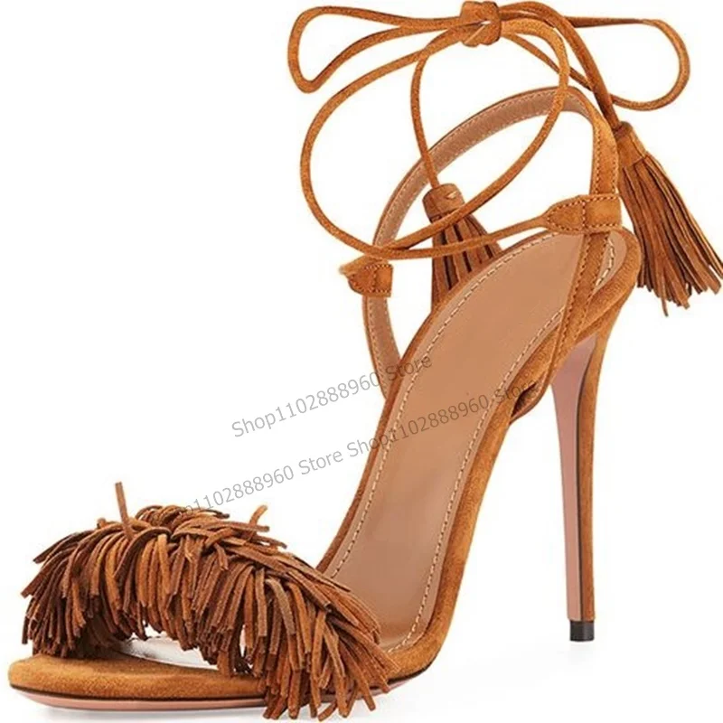 

Lace Up Brown Flock Shallow Fringe Decor Sandals Thin High Heel Women Shoes Open Toe 2023 Fashionable Zapatos Para Mujere