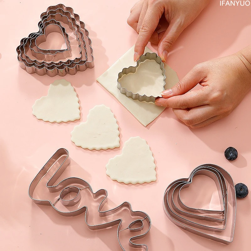 Stainless Steel Love Cookie Cutter Set Heart Shaped Fondant Bread Biscuit Molds for Valentines Day Gifts Cake Decor Baking Tools