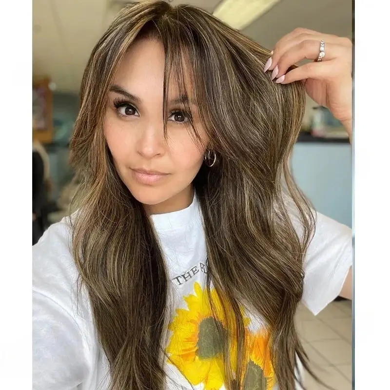 Dark Brown Honey Blonde Highlights Bangs Wig HD Invisible Lace Front Wig Baby Hair Natural Look Fringe Synthetic Wig for Women