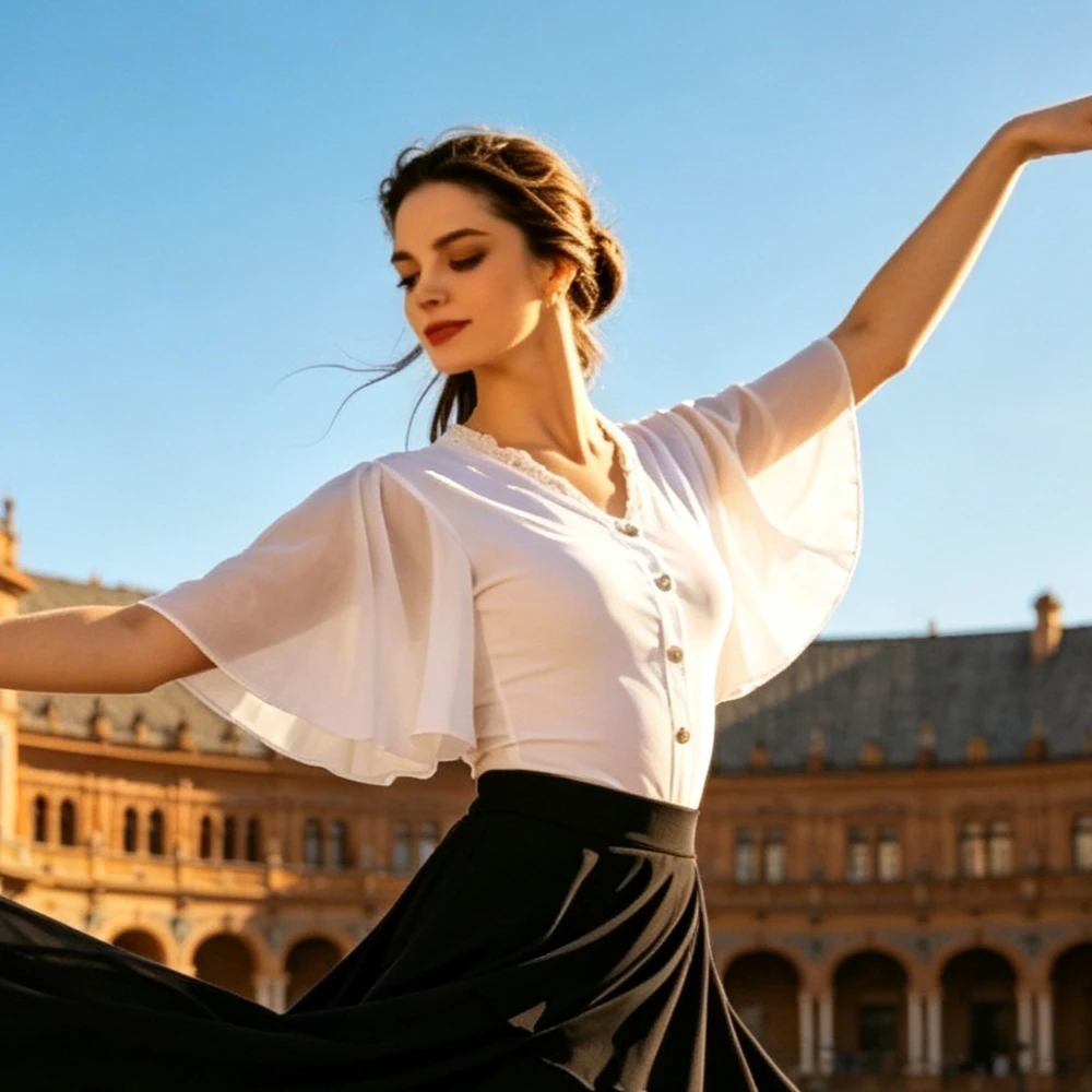 

Elegant V Neck Ruffle Sleeve Latin Dance Top for Women,Modern Dance Costume, Ideal for Social Dance&Competition Performance