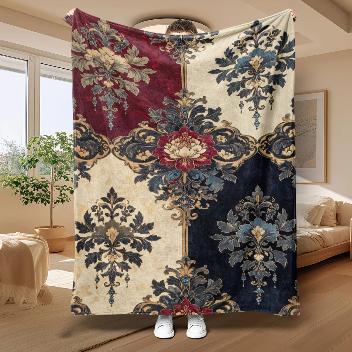 Luxury Damask Baroque Throw Blanket for Sofa Couch Decor Vintage Ornate Winter Fall Knit Blanket Accent Throw