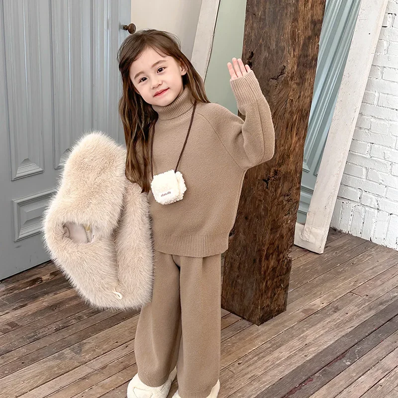 Children Clothing Set 2023 Winter New Girls Soft Fashion Turtleneck Solid Color Casual Sweater Knit Top and Pants Two Piece Set