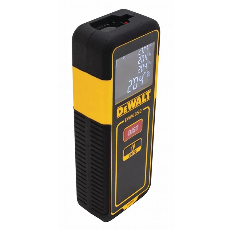 DEWALT DW065E 20M Laser Distance Measurer Black Back Lit LCD Screen Indoor Outdoors Portable Over Molded Housing Range Finder