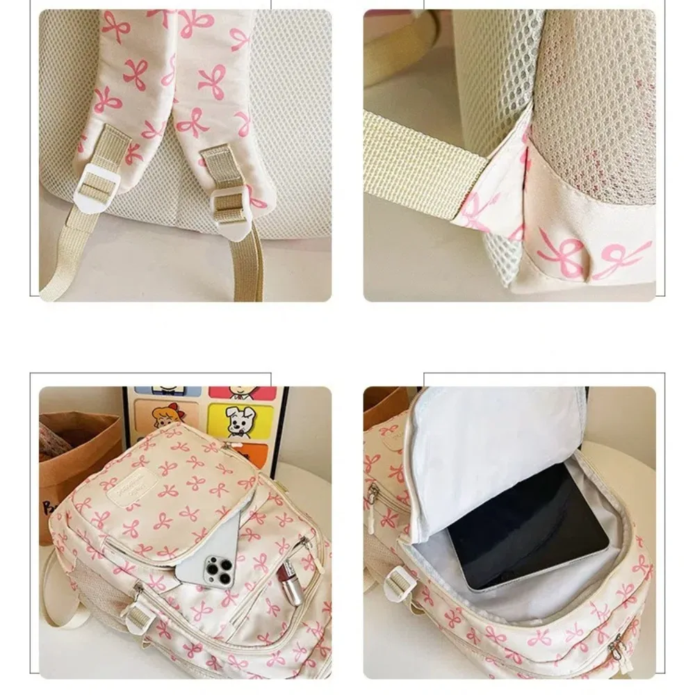 3 Pcs/Set Fashion Large Capacity Bow Backpack Nylon Adjustable Strap School Bag Bow Print Travel Backpack
