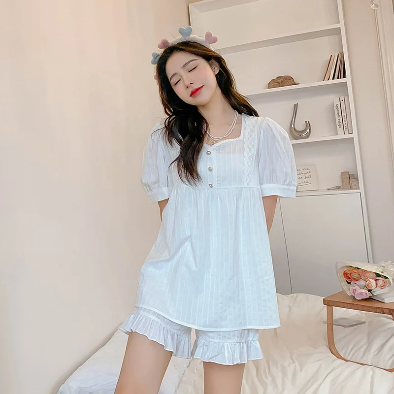 

Summer Women Cotton Princess Pajamas Lady Two Piece Set Homewear Female Loose Casual Short Sleeve Nightwear Sleepwear