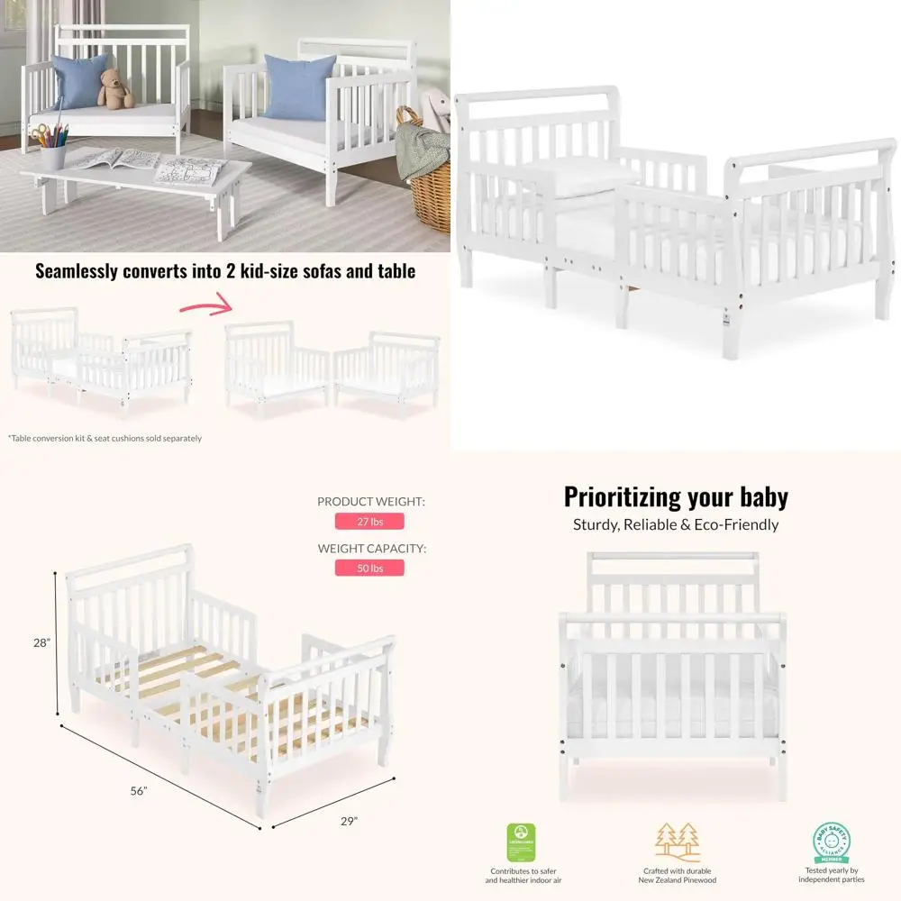 

Белая детская кровать 3-в-1 от Dream On Me: сертифицированная безопасность, от низкого до пола, массив сосны с направляющими.