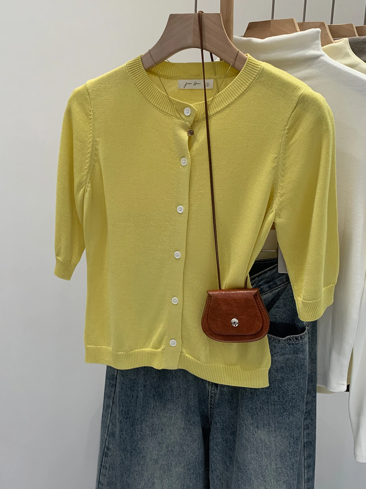 

Wool Open Cardigan Short Sleeve round Neck Knitted Women's Casual Style Early Autumn Light Maturity Top