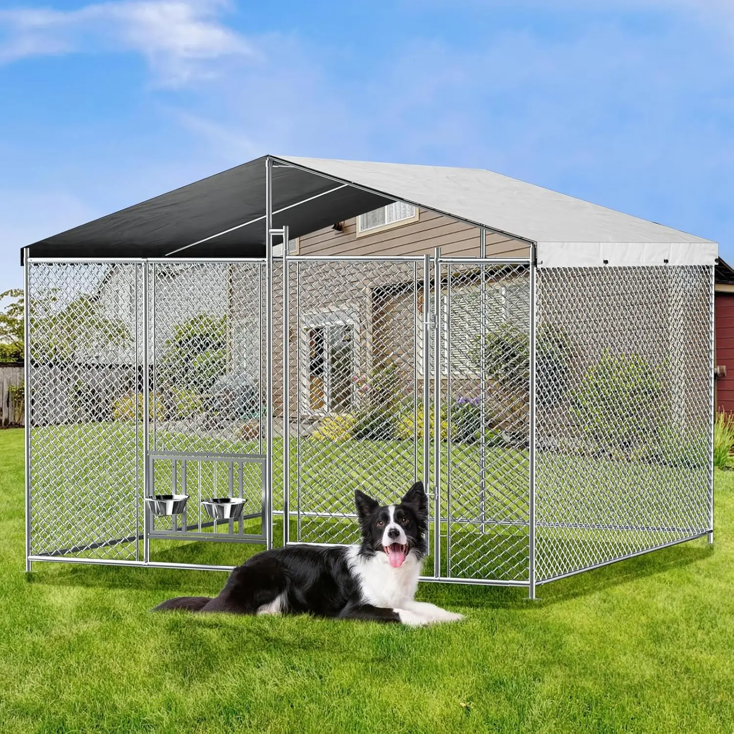 ROOMTEC Outside Dog Kennel with Roof Heavy Duty Outdoor Dog Kennel with 2 Rotating Bowls and Updated Secure Lock Large