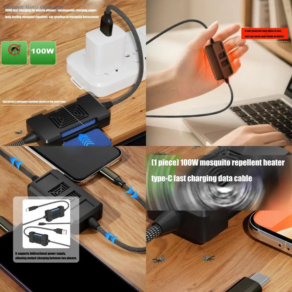 A3PD 2 In 1 100W Type C Fast Charging Cable Insect Repeller Hand Warmer Fishing Net Braided Cord For Travel