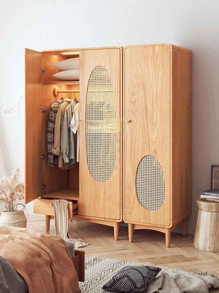 Small Fresh Solid Wood Wardrobe Bedroom Rattan Wardrobe Small Apartment Japanese Household Simple Girl