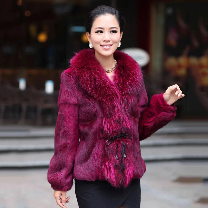 Women Winter Real Rabbit Fur Coat With Raccoon Fur Trimming Fashion Warm Luxury Long Sleeve Genuine Fur Jacket Female Outwear