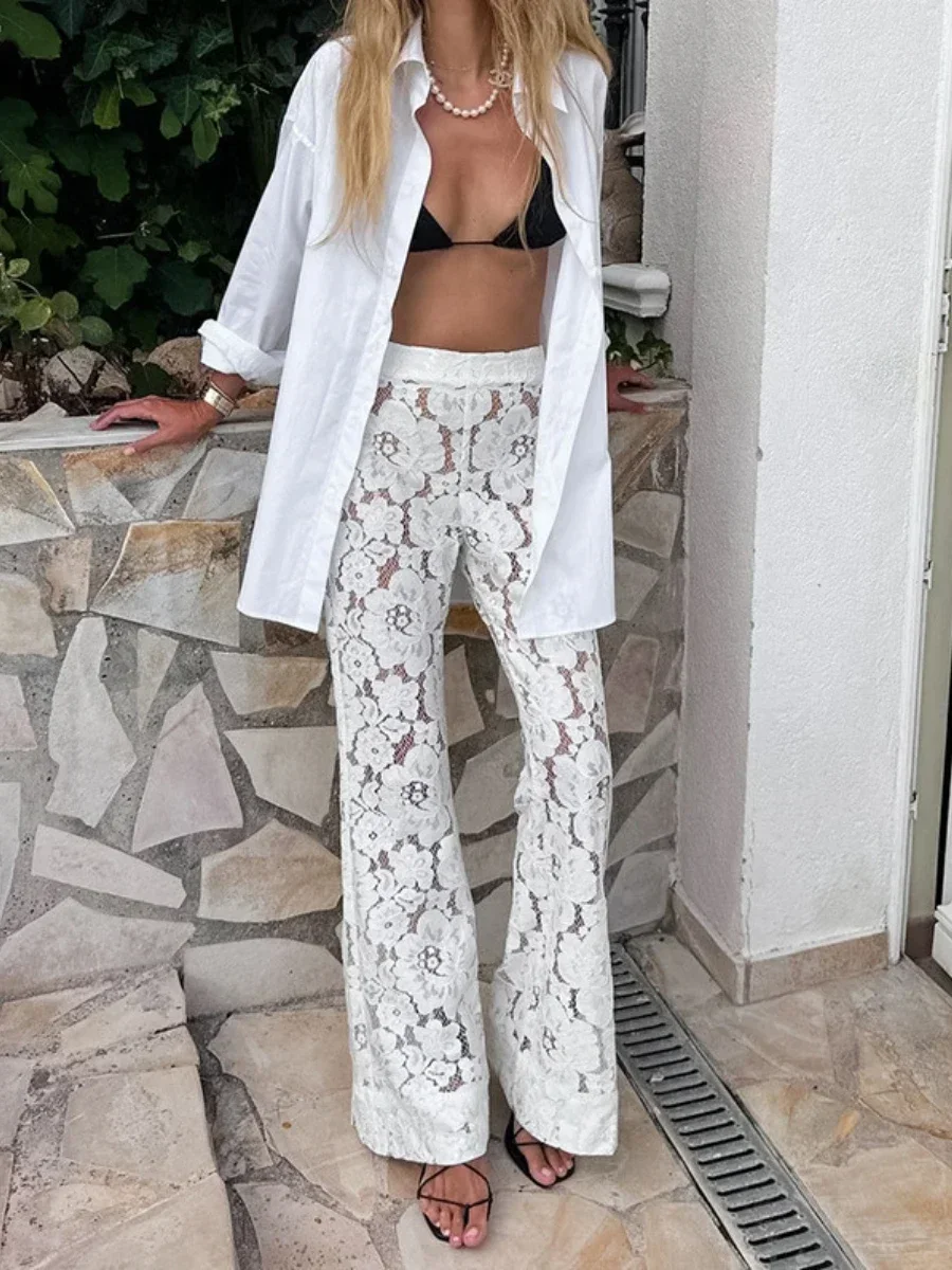 منظور مثير الأبيض مضيئة السراويل الصيف النساء عطلة عالية الخصر السراويل الطويلة الدانتيل الشاطئ نمط السراويل النسائية #2