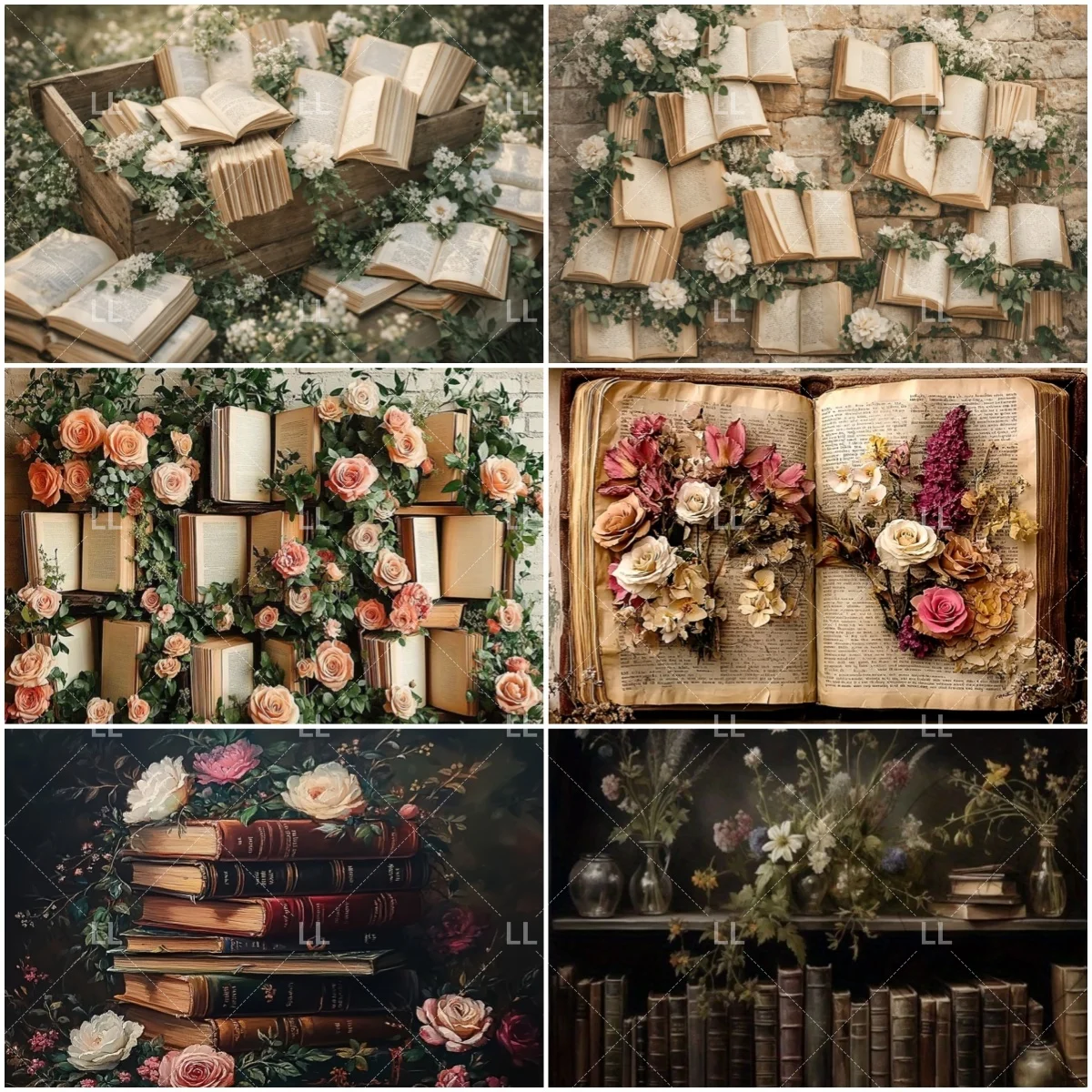 

Vintage Book Floral Birthday Party Decor Photography Backdrop Flower Wall Bookshelf Background Romantic Wedding Portrait Prop