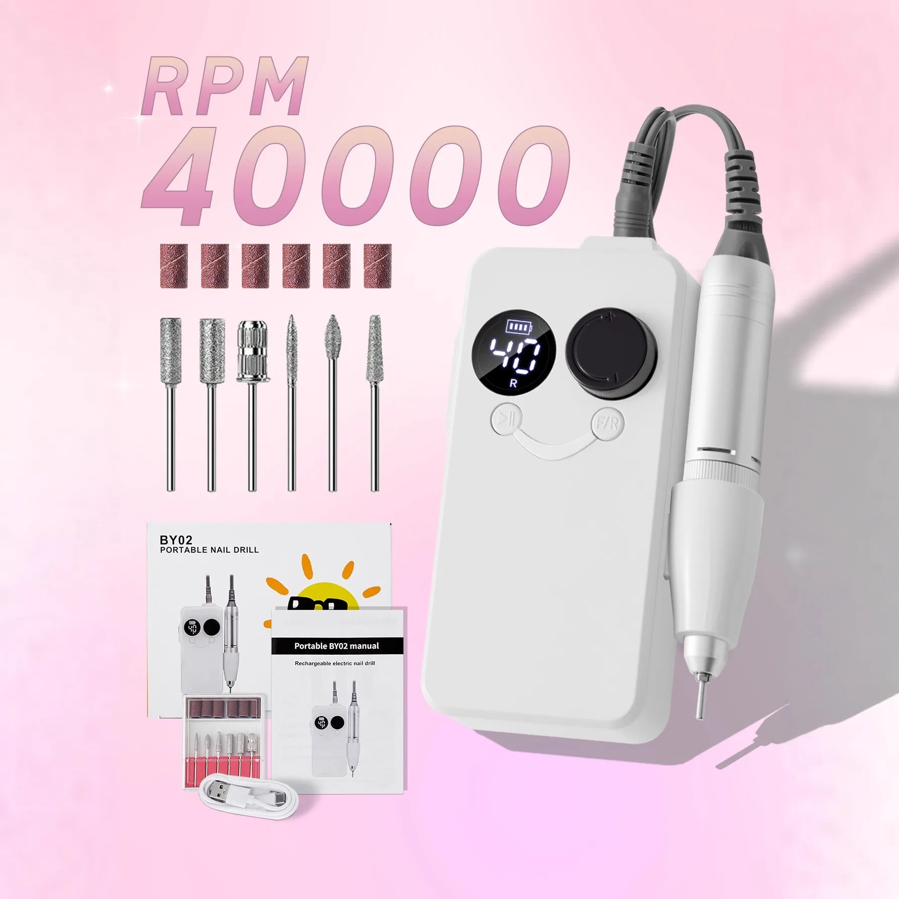 Un polisseuse à ongles professionnelle, ensemble de limes à ongles électriques rechargeables USB, prenant en charge 6 embouts de meulage de remplacement et câble de données USB