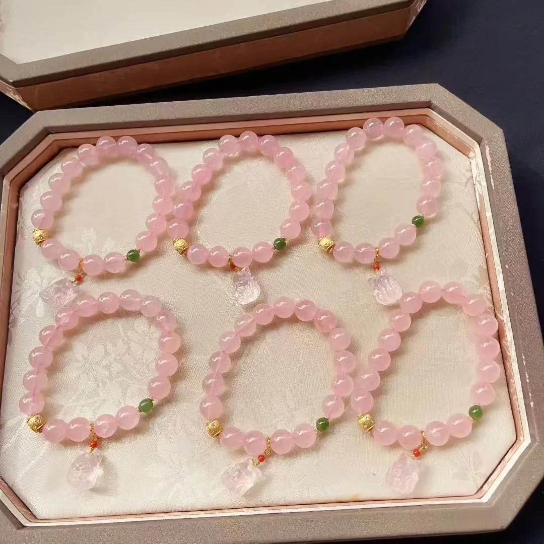 Certificado, pulsera de cuentas de cristal rosa Natural de 12mm con abalorio de zorro de cuarzo auténtico, cadena hecha a mano que mejora la joyería del amor