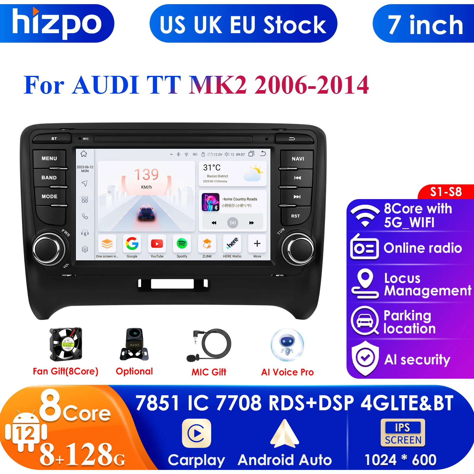 Hizpo 7'' DSP AI Voice Android 13 Car Multimedia Player for Audi TT MK2 8J 2006-2014 Carplay 4G RDS GPS Radio 2din Autoradio SWC