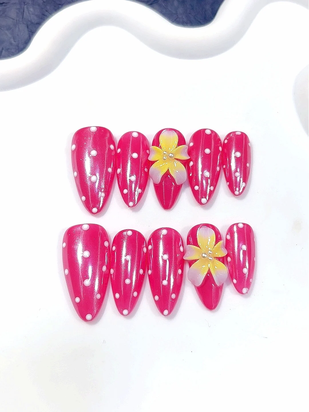 

Pink Polka Dot Press-On Nails (Almond Shape), 3D Yellow Floral Rhinestone Embellished False Nails Set (D632)
