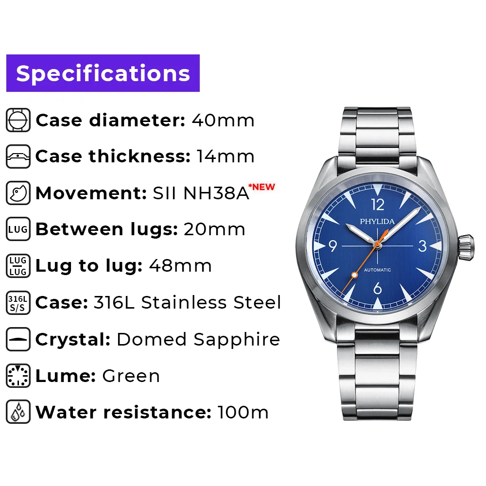 PHYLIDA 40mm Orologio automatico da uomo Orologio da polso meccanico classico Quadrante blu Movimento NH38A 100M Resistente all\'acqua Completamente